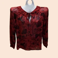 ANN TAYLOR LOFT-ELEGANT CHIFFON BLOUSE DARK RED COLOR WITH BLACK FLORAL PATTERN