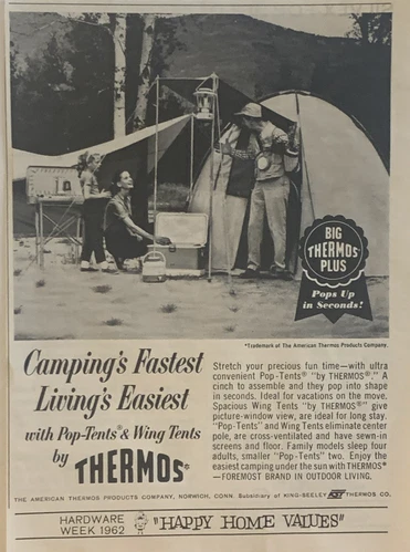 1962 Thermos Pop-Tents & Wing Tents PRINT AD Family Camping Trip VTG 1960s