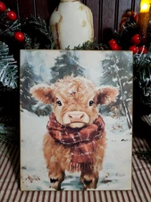PRIMITIVE FARM HOME VINTAGE STYLE CHRISTMAS SCOTTISH HIGHLAND COW WOODEN SIGN