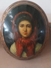 Hand Painted Woman on Gold Table - 25x30 CM Domed Medallion