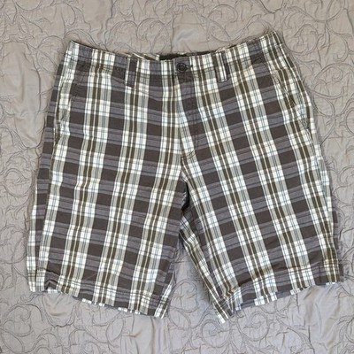 Eddie Bauer Shorts Mens 35 Olive Brown Plaid Chino 100% Cotton Bermuda Long
