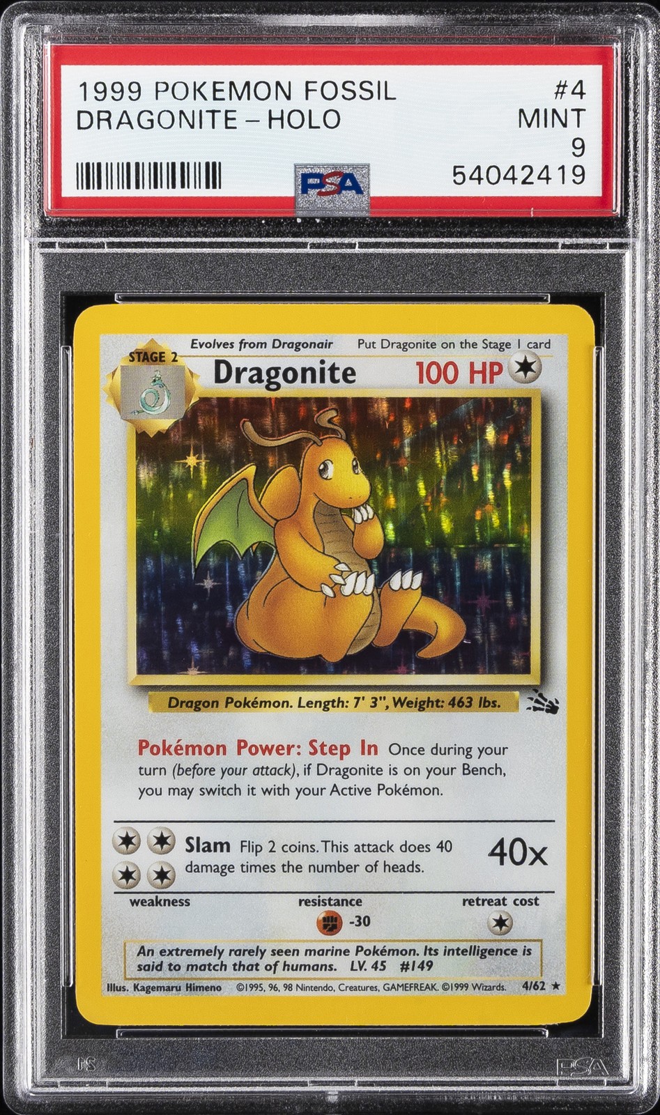 1999 POKEMON FOSSIL #4 DRAGONITE-HOLO PSA 9