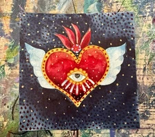 Sacred Heart Night Sky watercolor modern folk outsider original art cottagecore
