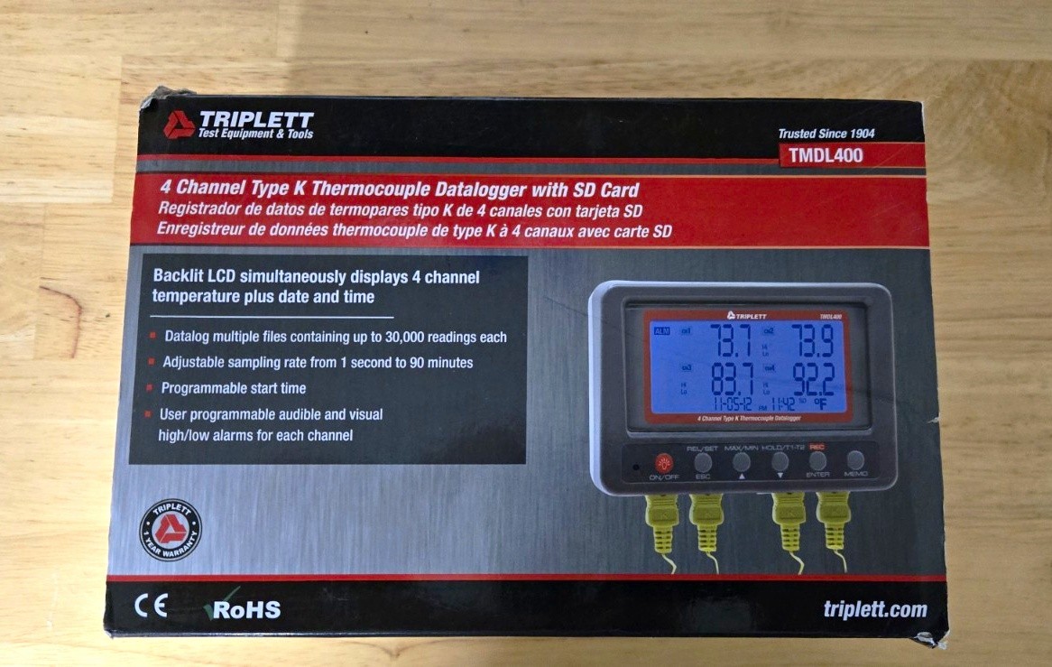 Triplett TMDL400 4-Channel Type K Thermocouple Datalogger, Digital, SD