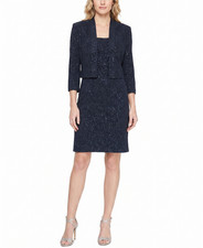Alex Evenings Women 2-Pc Set 18 Blue Glittered Jacket Dress Set - Navy