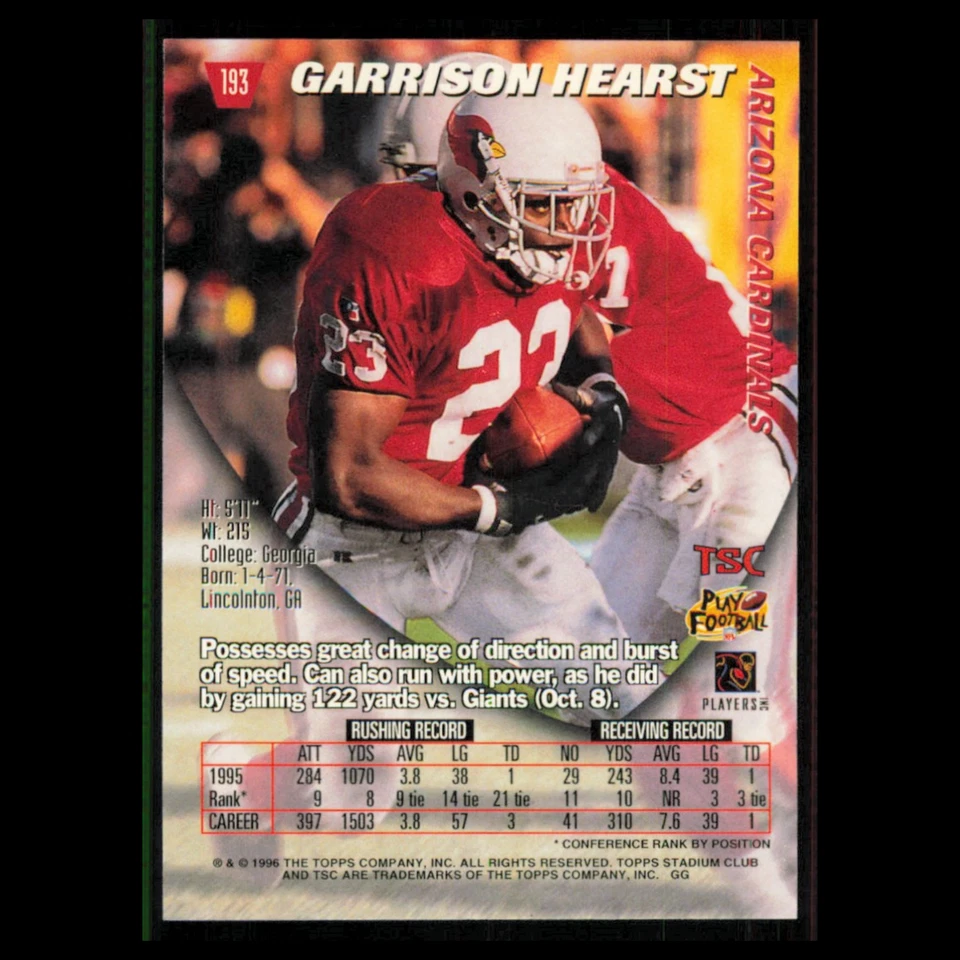 Garrison Hearst #193 1996 Topps Stadium Club Arizona Cardinals Football Card NFL - Image 2 of 3