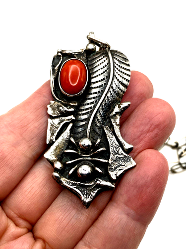 Vintage Sterlingsilber Koralle Anhänger Spinne Handarbeit Kette 21" Indianer - Bild 15 von 15