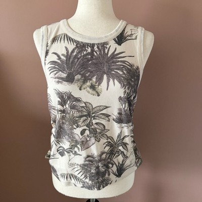 Chaser Tropical Palm Tree Print Ribbed Ruched V-Back Sleeveless Tank Top Size L