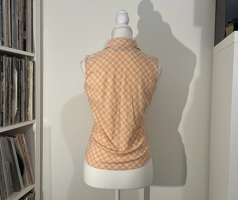 Blusa Top Mujer’s DCC Naranja a Cuadros Algodón Sin Mangas Abotonada S Foto 2 de 4