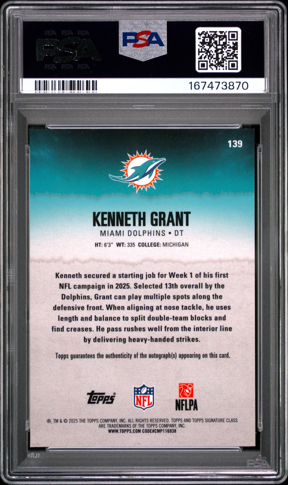 2025 TOPPS SIGNATURE CLASS CHROME-AUTO #139 KENNETH GRANT ROOKIE RC PSA 10 view 2