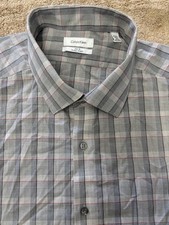 CALVIN KLEIN MENS SLIM FIT STRETCH DRESS SHIRT GRAY/BERRY, 18-18.5 36/37 NWOT