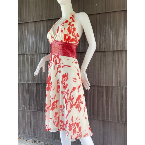 VTG Y2K 100% Silk Carmen Marc Valvo Halter Neck Beaded Floral Romantic Dress 8 - Picture 2 of 17