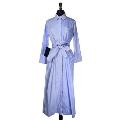 Pomander Place Womens M Blue White Stripe Colorblock Shirt Maxi Dress Belted NWT