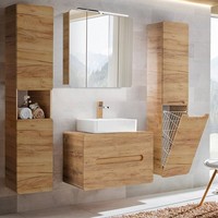 BadmöBel Set Wotaneiche Waschtisch Led-Spiegelschrank Hochschrank GäSte-Wc Bad