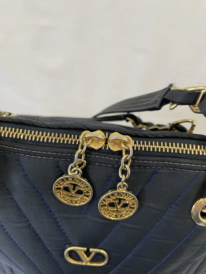 H30#Valentino Les Sacs Navy Blue Quilted Shoulder Bag Gold Logo Charm Italy Made - Image 4 of 4