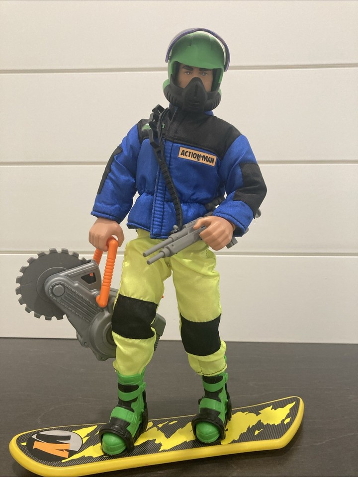 A vintage Action Man Snowboard Raider with accessories — the British cousin of G.I. Joe hits the slopes in genuinely retro style.