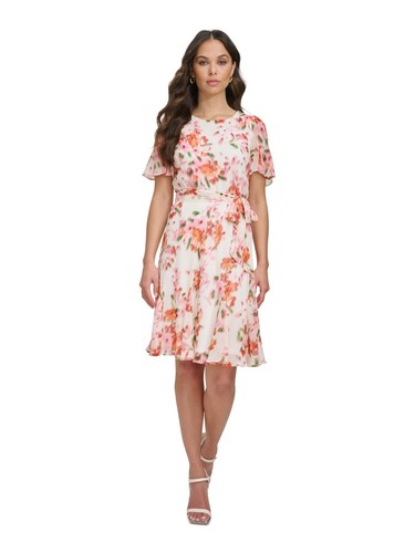 DKNY Womens Ivory Lined Tie Flutter Sleeve Above The Knee Fit + Flare Dress 0P