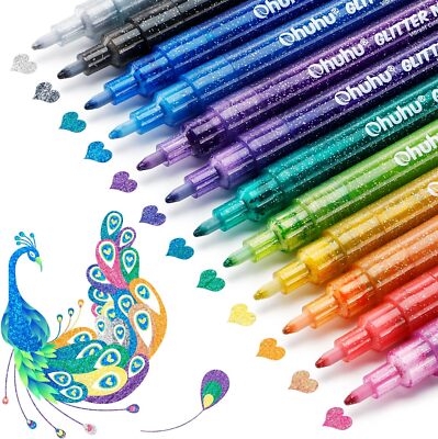 Ohuhu 12 Glitter Colors Markers Pen Fine Tip Water-based Ink for Kids Adults DIY