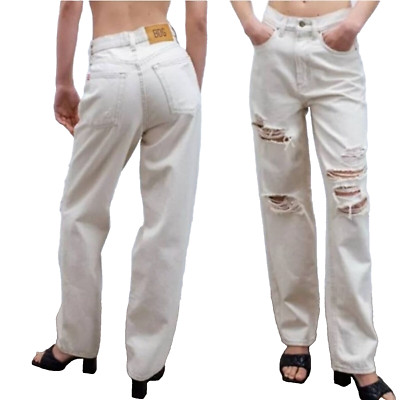 BDG Urban Outfitter Hohe Taille Baggy Skater Distressed Jeans Creme 27