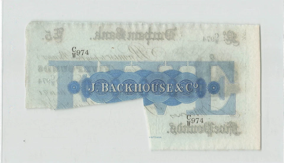 GREAT BRITAIN 5 Pounds 1891, Durham Bank, J. Backhouse, AU Grade, Cancelled. F9 - Image 2 of 2