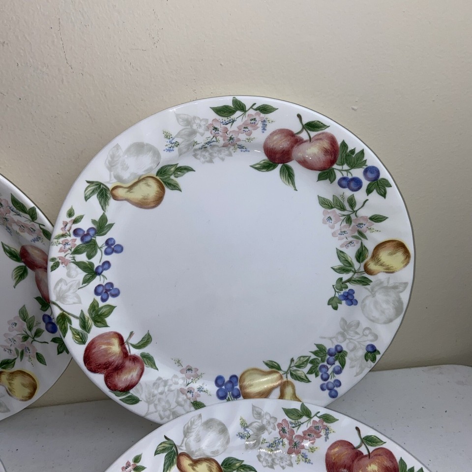 Corelle Chutney Dinner Plates 10.25” White Swirl & Fruit Design Set Of