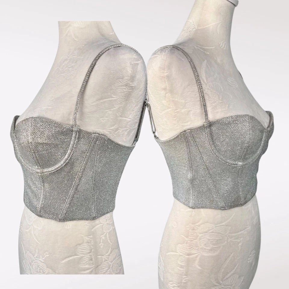 Corsé Top Metálico Plateado Zorro Blanco Top Recortado Brillo Bustier XS Foto 4 de 4