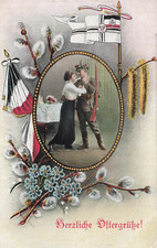 AK 1.WK Herzliche Ostergrüsse Soldat Frau Reichsfahne 1917 ungelaufen Patriotika