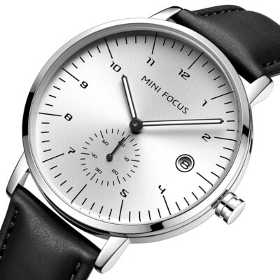 MINI FOCUS Fashion Men Watch Quartz Movement Waterproof Leather Strap Wristwatch