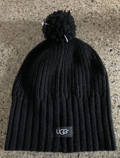 UGG Women's Black Wool Blend Cardi Stitch Yarn POM Winter Hat OS WARM NWT 