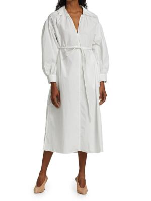 CO Essentials Long Sleeve V-Neck Poplin Midi Dress in White Large L | eBay
