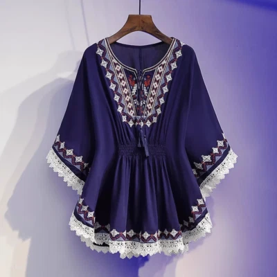 Damen Chiffon Hemd Kurzärmel Spitzenrand Top Bluse Ethnisch Bedruckt Pullover - Bild 1 von 4