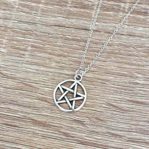 Collana Pentacolo stella wicca Contro Malocchio con ciondolo Argento Uomo Donna - Immagine 2 di 4
