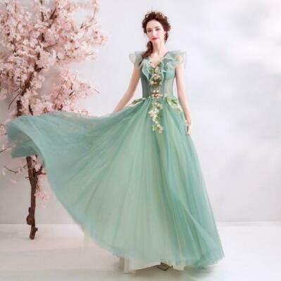 Ladies Green Dreamlike Princess Fairy Floral Dress V Neck Banquet Prom Gown  Hot | eBay