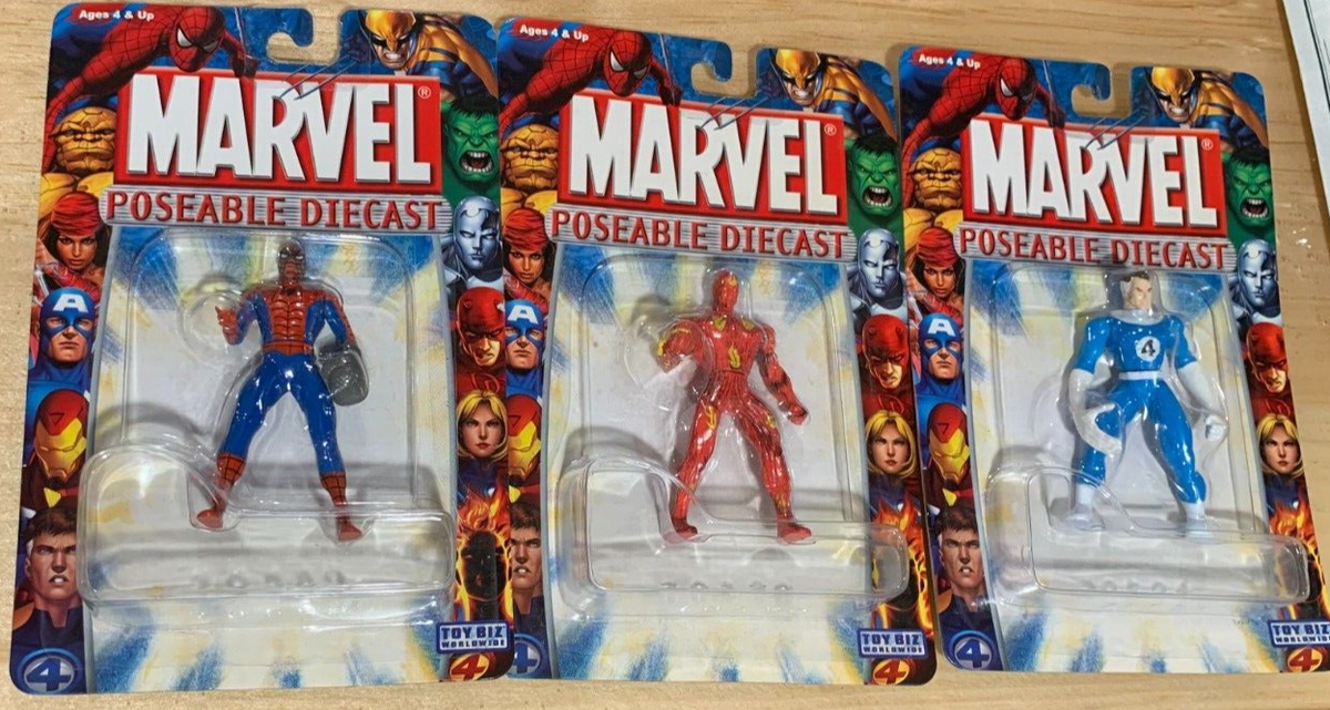 3) Toy Biz Marvel Poseable Diecast Lot Human Torch, Spider-Man, Mr