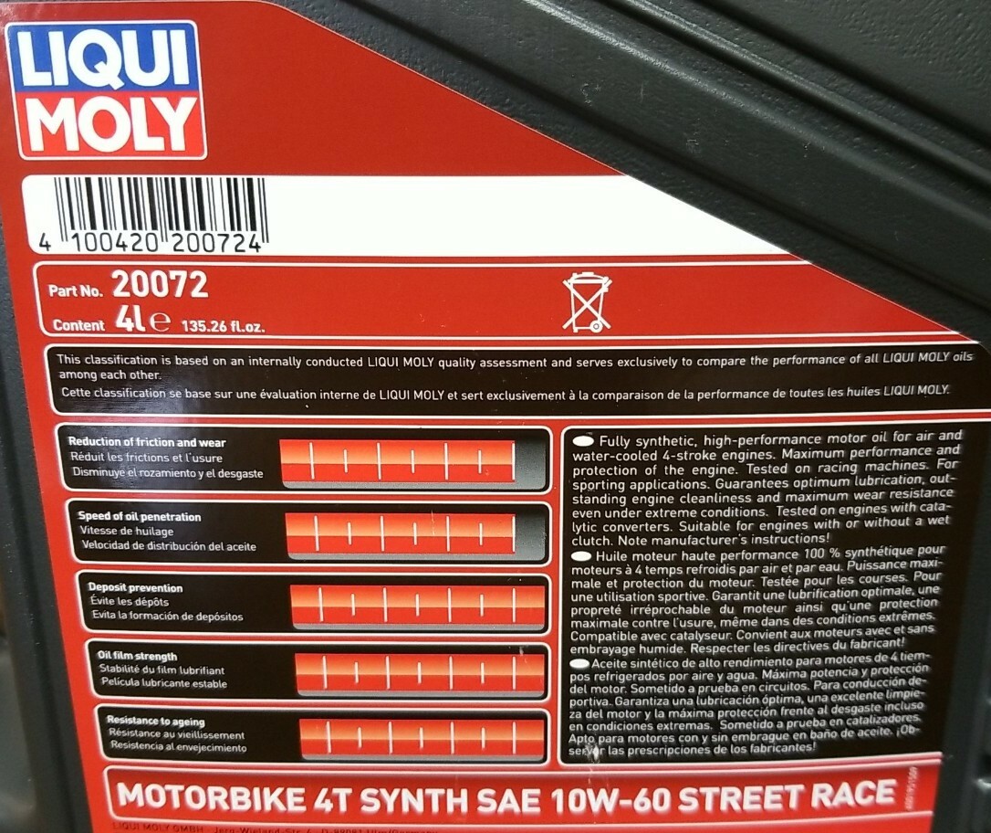 10W-60 Street Race Motorcycle Oil 4L Liqui Moly 4T Synthetic 10-60 20072 1 Gal.