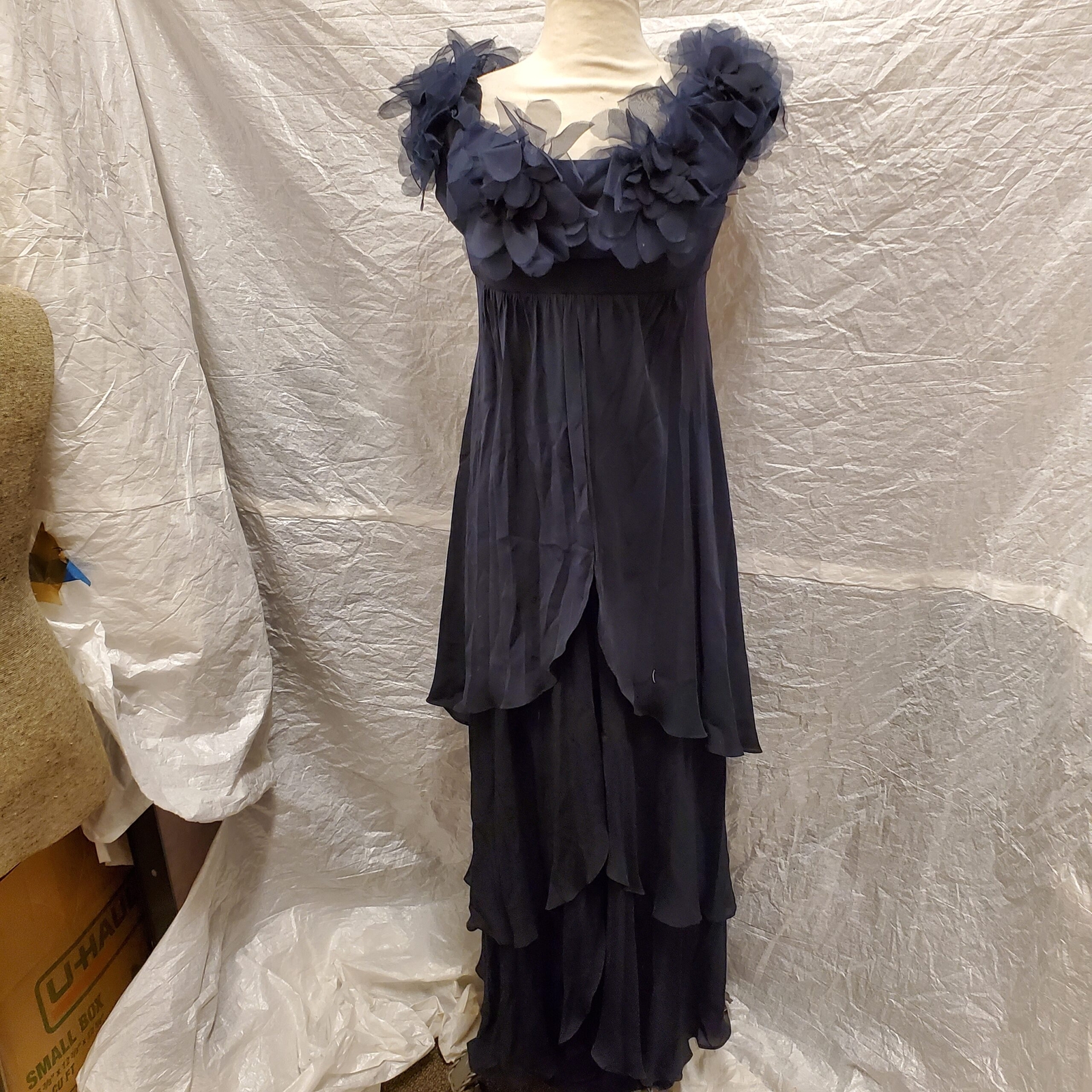 Catherine Regehr Women's Long Sleeveless Navy Blue Dress with Flowers 