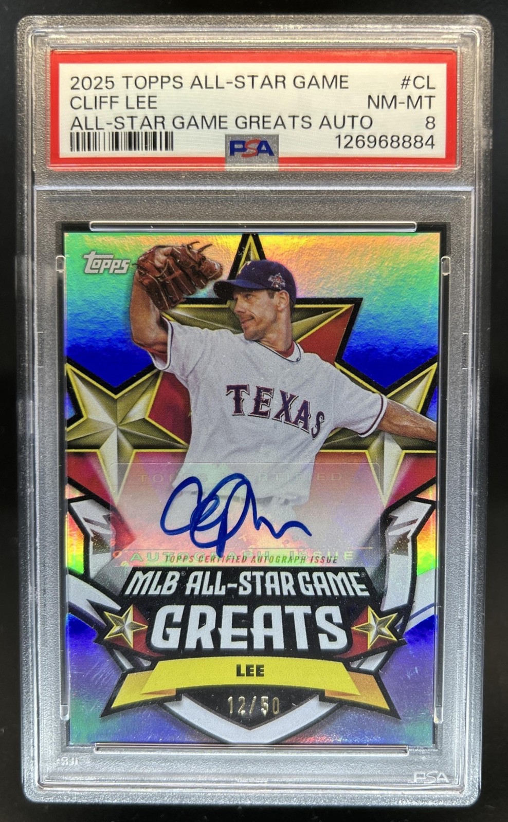 2025 Topps All-Star Game Mega Box Cliff Lee Greats Auto #/50 Rangers PSA 8