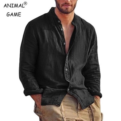 Herren Leinen Langarms Freizeit Hemden Locker Bluse Top Oberteile Hemd Baumwolle
