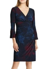 Ralph Lauren 250725274001 Navy-Multi Elsietta V-Neck Stretch Jersey Sheath Dress