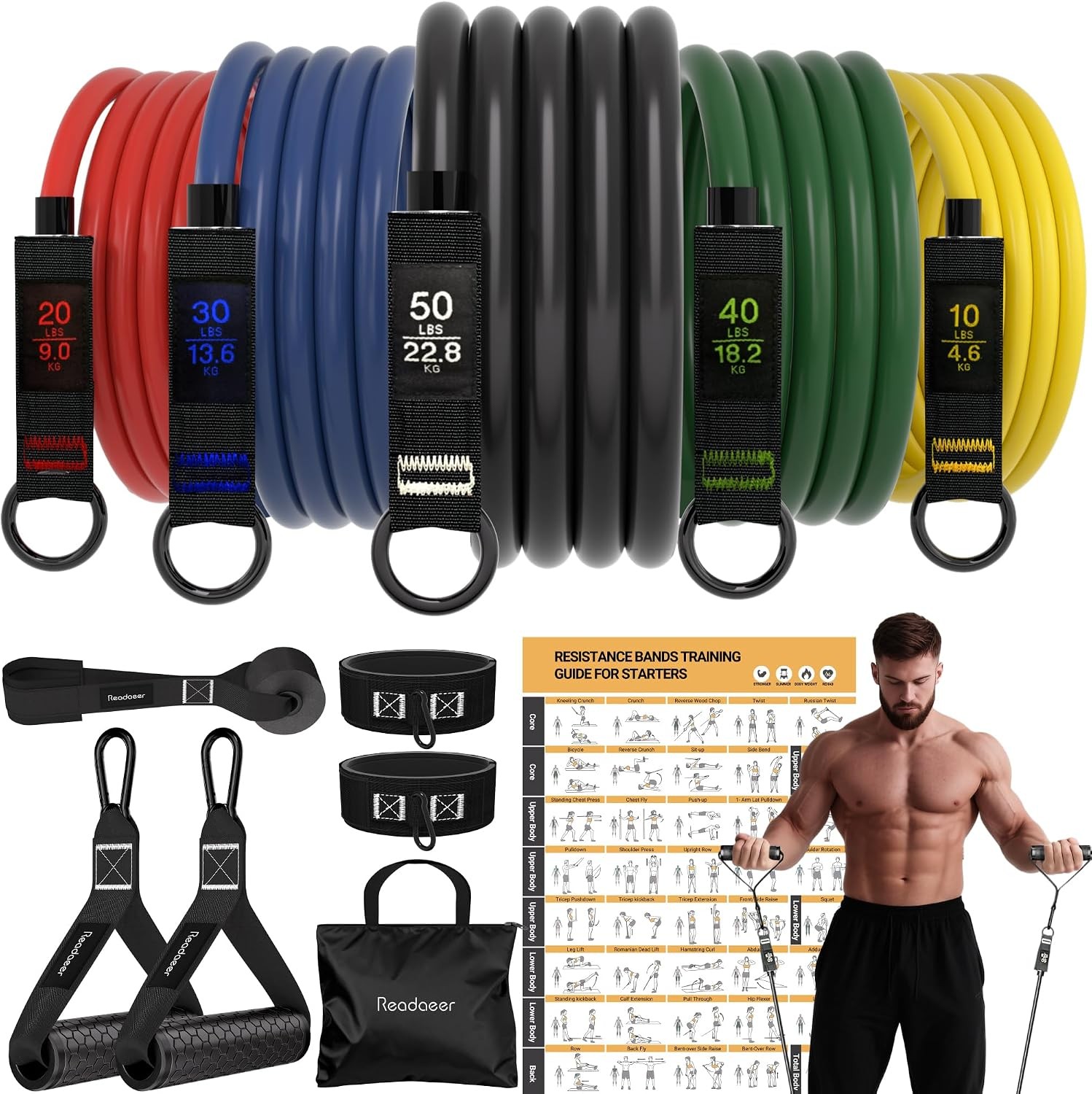 Resistance Bands Set 5 Levels 150lbs with Handles Door Anchor - Image 4
