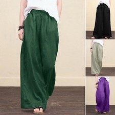 Women's Cotton Linen High Waist Flare Wide Leg Pants Culotte Palazzo Trousers UK