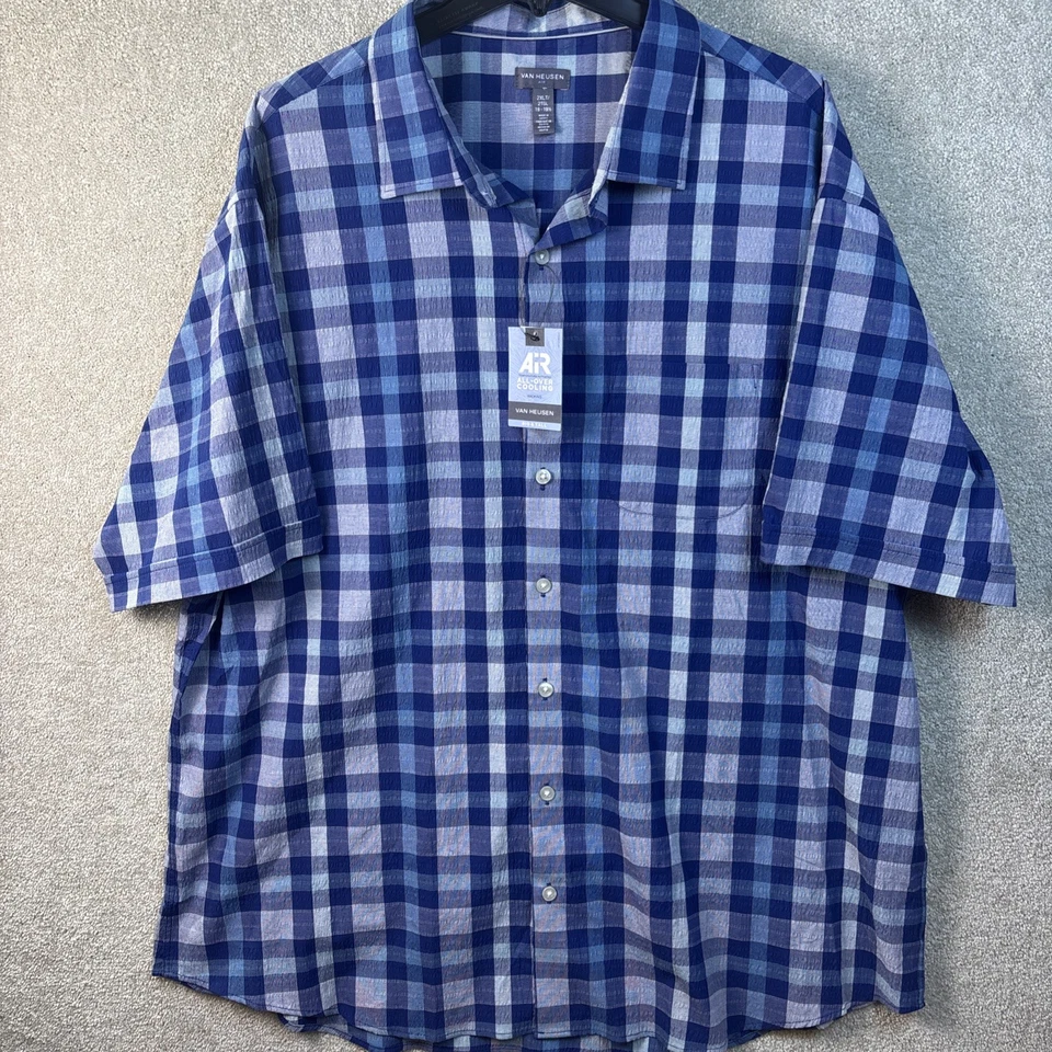 Van Heusen Air Shirt Men's 2XLT Blue Plaid Seersucker Cooling Wicking SS NEW - Image 2 of 4