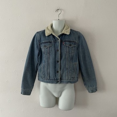 LEVIS SHERPA GEFÜTTERTE TRUCKER JACKE - M - MID WASH BLUE - FLEECE DENIM DAMEN