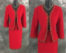 BEAUTIFUL St John collection knit red multi jacket skirt suit size 4