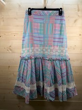 LoveShackFancy Pastel Plaid Lace Tiered Ruffle Maxi Skirt M