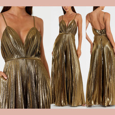 NWT IEENA Mac Duggal  0  27143 Metallic Pleated V Neck Jumpsuits Gold J1902
