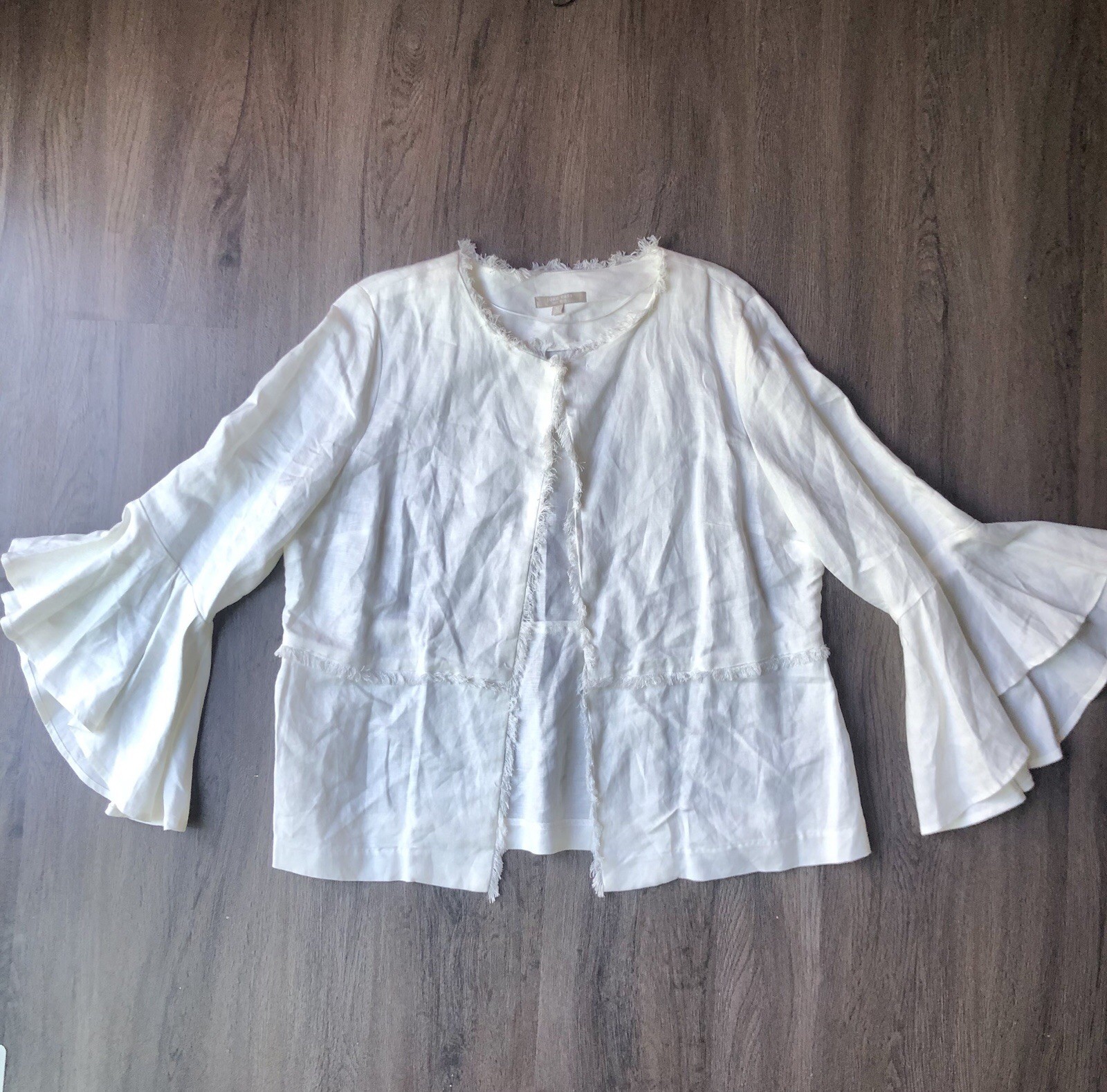 Joan Vass White XL Linen Jacket with Bell Sleeves Open Front Lagenlook Coastal Style