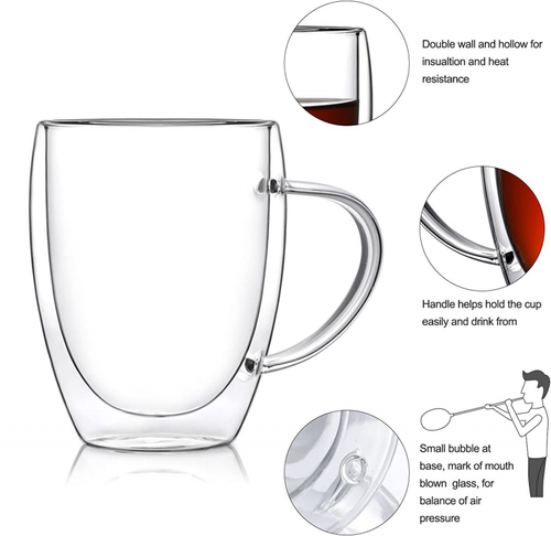 150/250/350/450ML Double Wall Insulated Glass Coffee Glass Mug Tea Cup w Handle - Picture 6 of 17