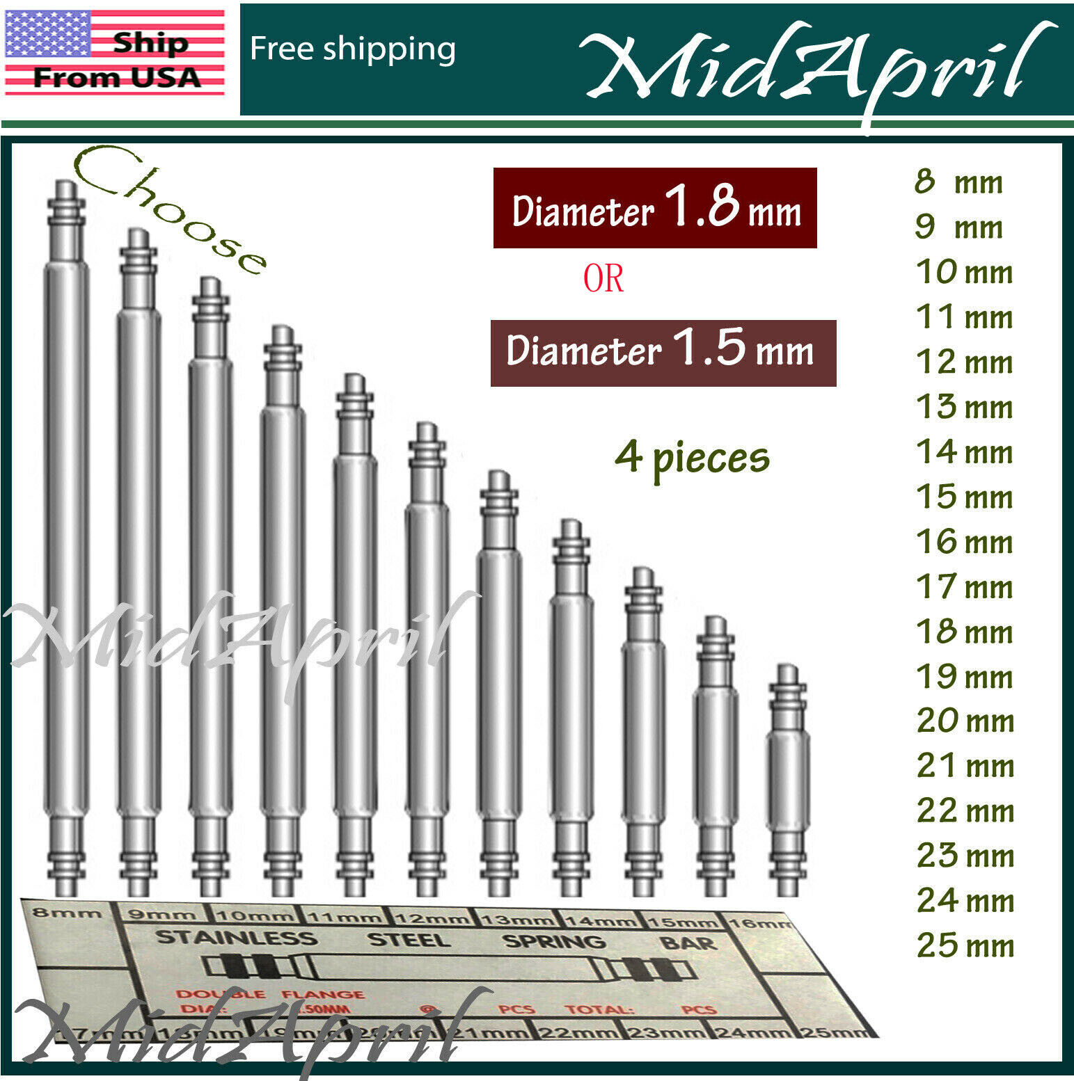 4 pcs Watch Spring Bar Pins Watchband  Stainless Steel -Diameter 1.5mm or 1.8mm