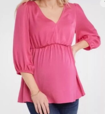 Isabel Maternity Pink V-Neck 3/4 Sleeves Blouse Sz XS  Woven Back Cut-out